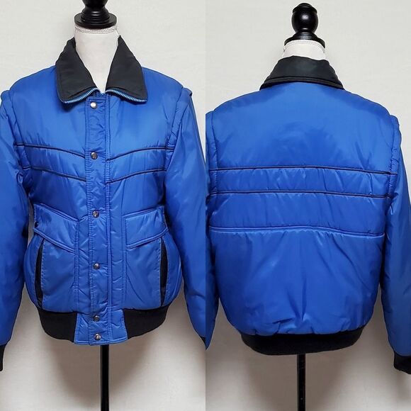 VINTAGE 1980s Arctic Blue Full-zip Removable Sleeve Puffer Snow Ski Jacket Vest